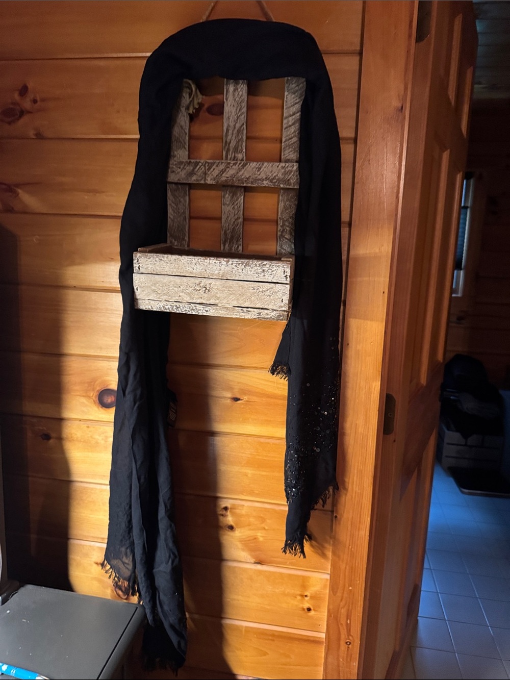 Adrianna Papell Black Long Embellished Fringe Wrap